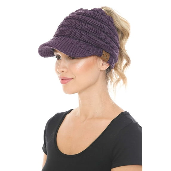 C.C MB-131 BeanieTail Warm Knit Messy High Bun Ponytail Visor Beanie Cap, Dark Purple
