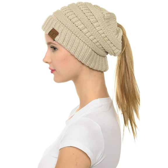 C.C MB-20A Soft Stretch Cable Knit Warm Hat High Bun Beanietail Ponytail Beanie Beige