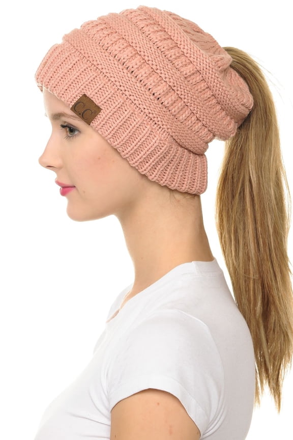 MB-20A Soft Stretch Cable Knit Warm Hat High Bun Beanietail Ponytail Beanie Indi Pink