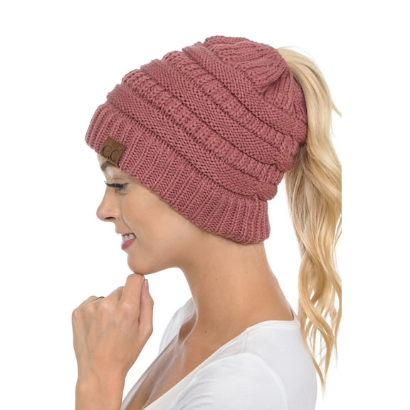 C.C MB-20A Soft Stretch Cable Knit Warm Hat High Bun Beanietail Ponytail Beanie Mauve