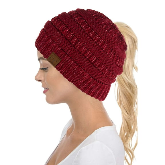 C.C MB-20A Soft Stretch Cable Knit Warm Hat High Bun Beanietail Ponytail Beanie, Metallic Burgundy