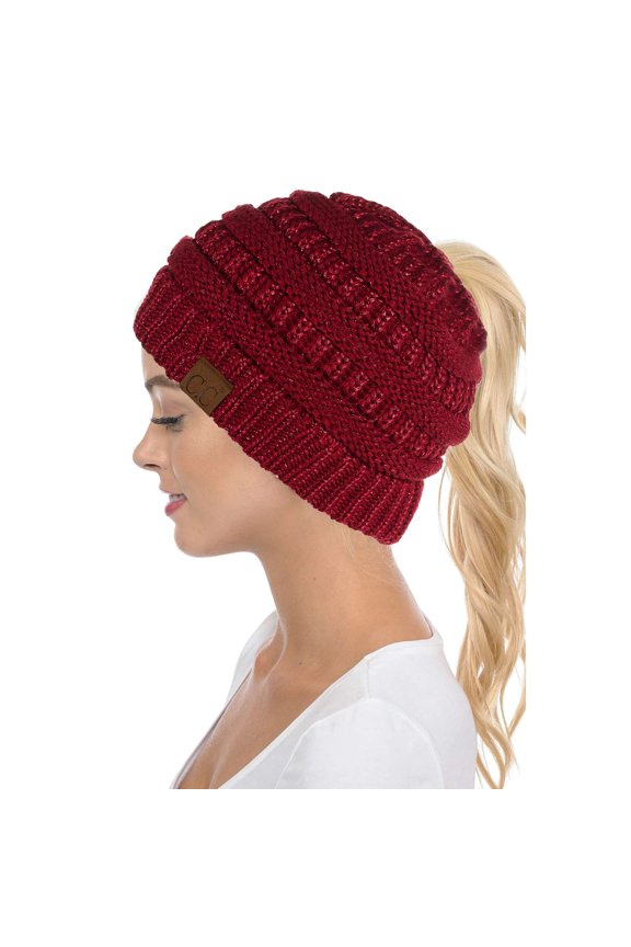 MB-20A Soft Stretch Cable Knit Warm Hat High Bun Beanietail Ponytail Beanie, Metallic Burgundy