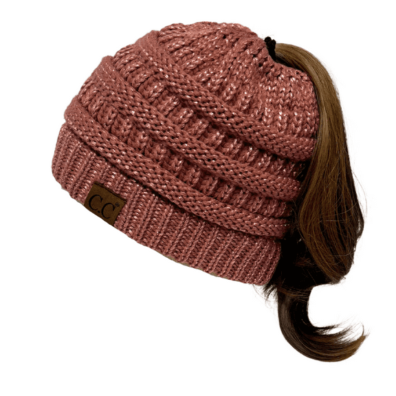 C.C MB-20A Soft Stretch Cable Knit Warm Hat High Bun Beanietail Ponytail Beanie, Metallic Dusty Rose