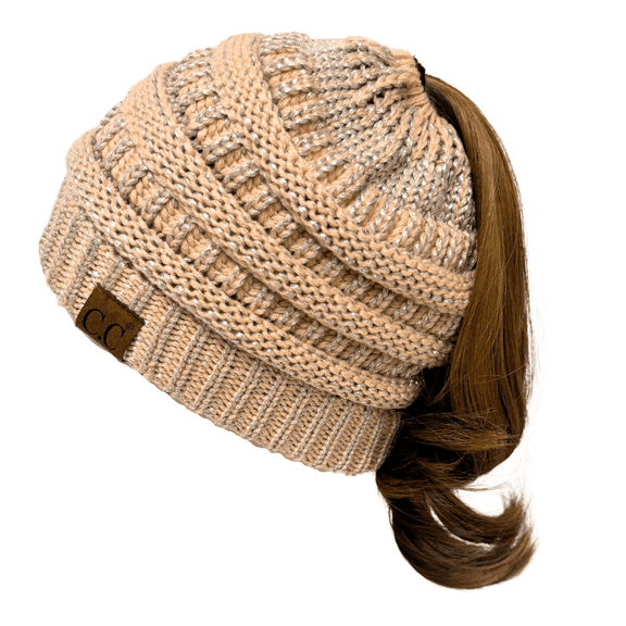 C.C MB-20A Soft Stretch Cable Knit Warm Hat High Bun Beanietail Ponytail Beanie, Metallic Indi Pink/Silver