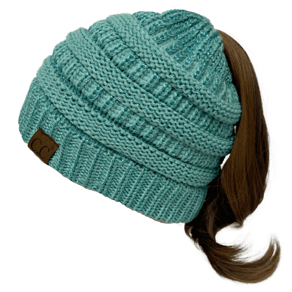 C.C MB-20A Soft Stretch Cable Knit Warm Hat High Bun Beanietail Ponytail Beanie, Metallic Mint