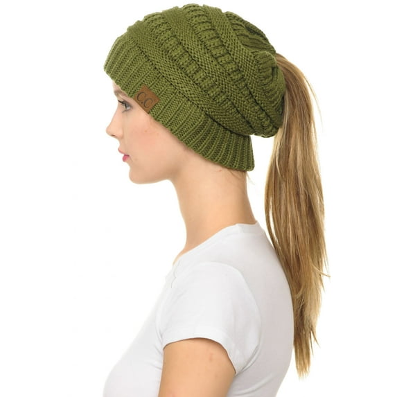 C.C MB-20A Soft Stretch Cable Knit Warm Hat High Bun Beanietail Ponytail Beanie Olive