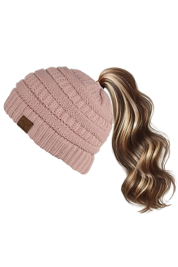 MB-20A Soft Stretch Cable Knit Warm Hat High Bun Beanietail Ponytail Beanie, Rose