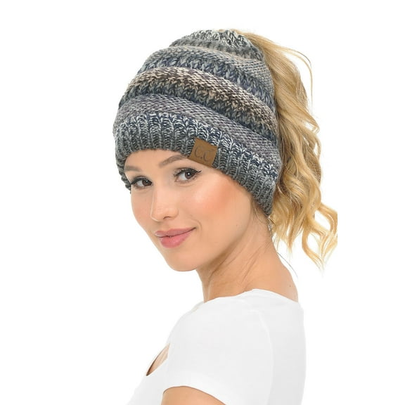 C.C MB-705 Soft Stretch Cable Knit Warm Hat High Bun Beanietail Ponytail Beanie Black Grey Tribal
