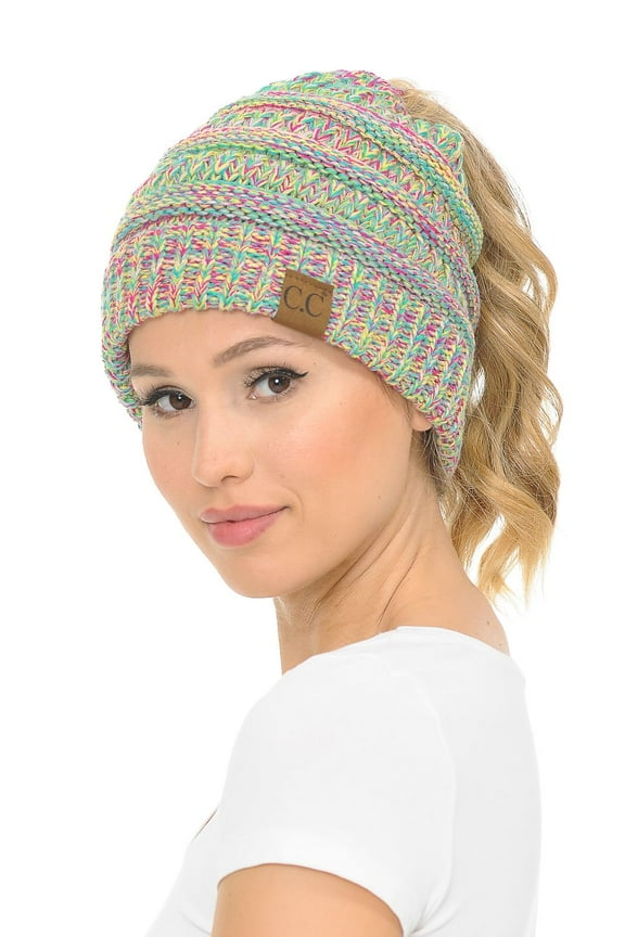MB-816 Soft Stretch Cable Knit Warm Hat High Bun Beanietail Ponytail Beanie #11 (Bright Mix)