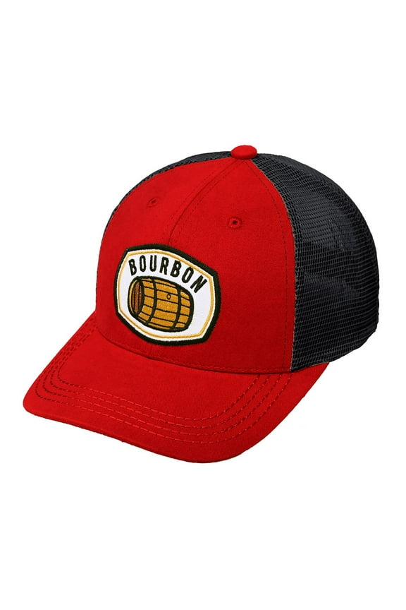 Men's Embroidered Patch Trucker Mesh Back Adjustable Snapback Baseball Cap, Bourbon, Red