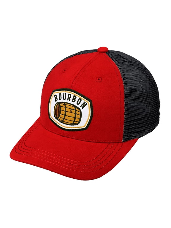 Men's Embroidered Patch Trucker Mesh Back Adjustable Snapback Baseball Cap, Bourbon, Red