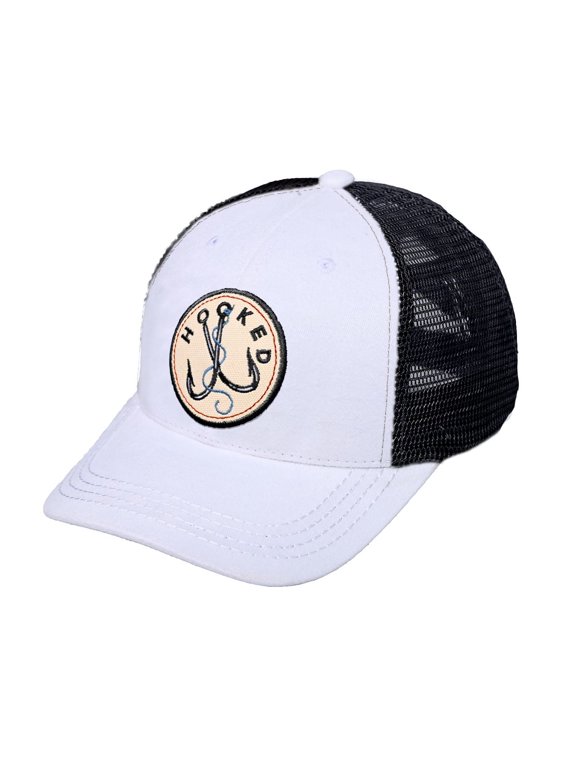 Men's Embroidered Patch Trucker Mesh Back Adjustable Snapback Baseball Cap, Hooked White
