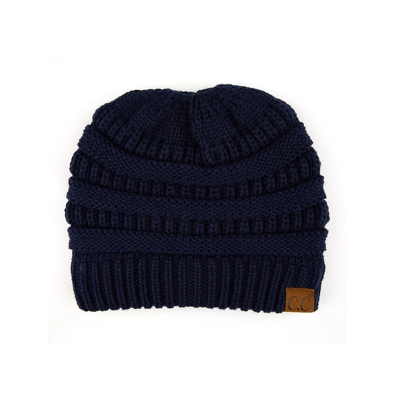 C.C Messy Bun Ponytail Beanie Soft Cozy High Bun Hat, Navy