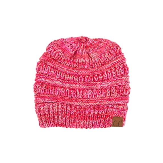C.C Messy Bun Ponytail Beanie Warm Four-Tone High Bun Hat, Red Multi