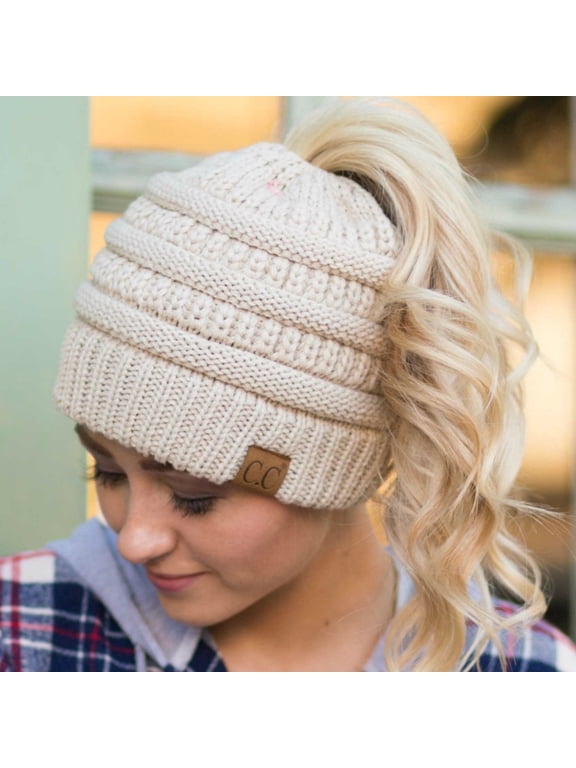 Messy Bun Ponytail Hat Knit Beanie Warm High Bun Winter Hat, Beige