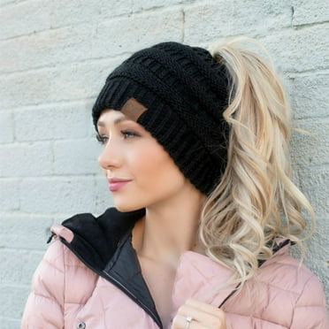 C.C Messy Bun Ponytail Hat Knit Beanie, Warm Winter Hat for Teens and Adults, Black