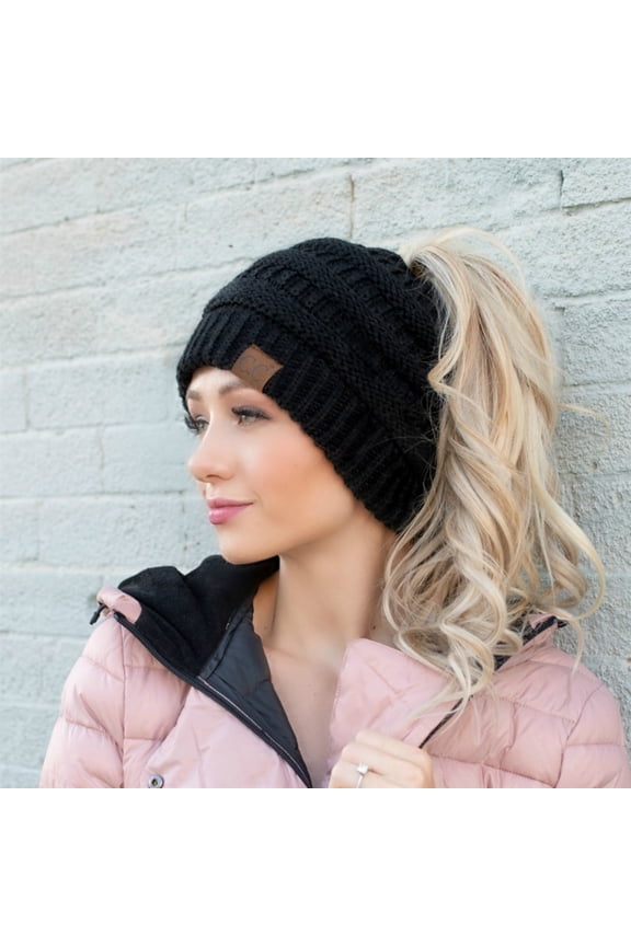 Messy Bun Ponytail Hat Knit Beanie Cozy Winter Cap for Women, Black