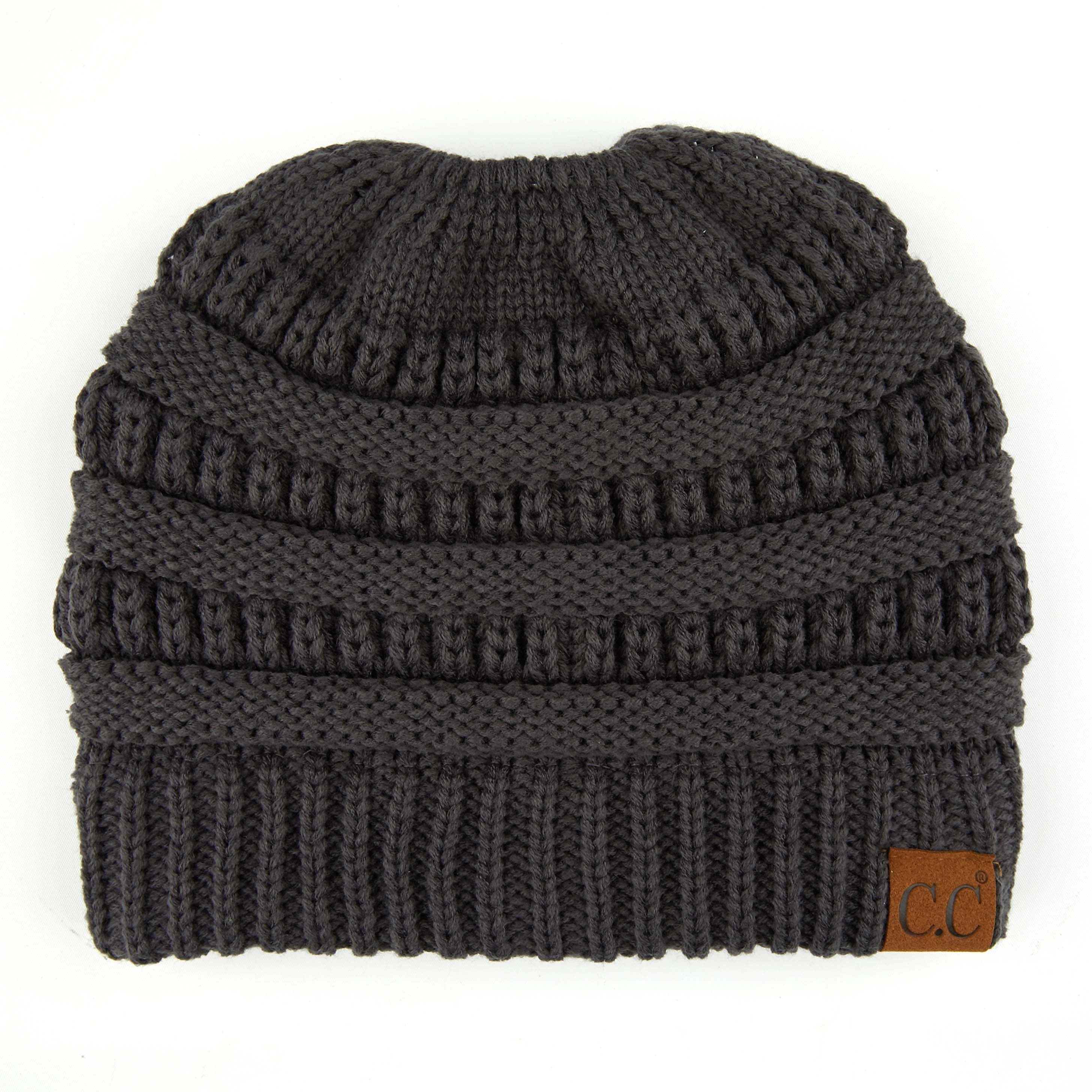 C.C Exclusives Women's Solid Ribbed Knit Beanie With Ponytail Messy Bun Hole