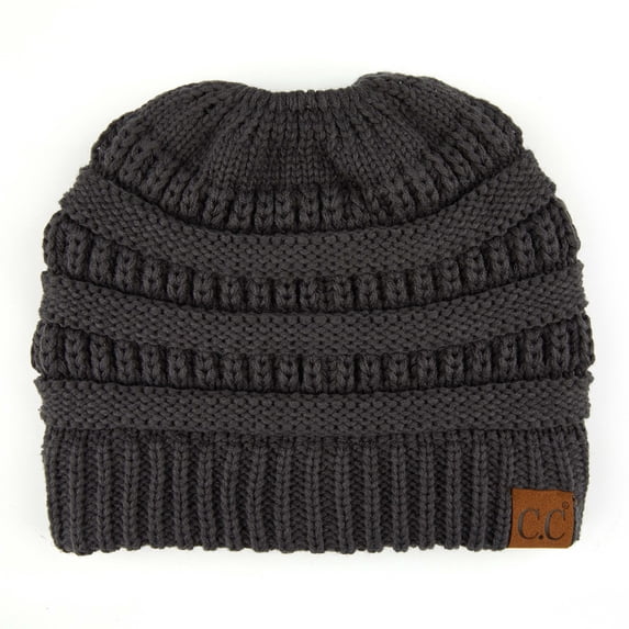 C.C Messy Bun Ponytail Hat Warm Soft Knit High Bun Beanie, Dark Melange Grey