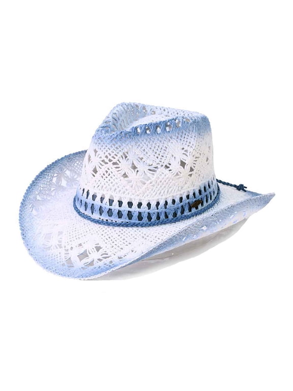 Ombre Open Weave Cowbay Hat with Braided Trim, Denim