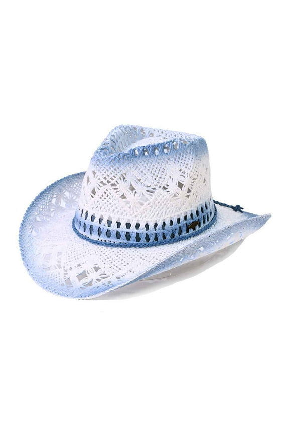 Ombre Open Weave Cowbay Hat with Braided Trim, Denim