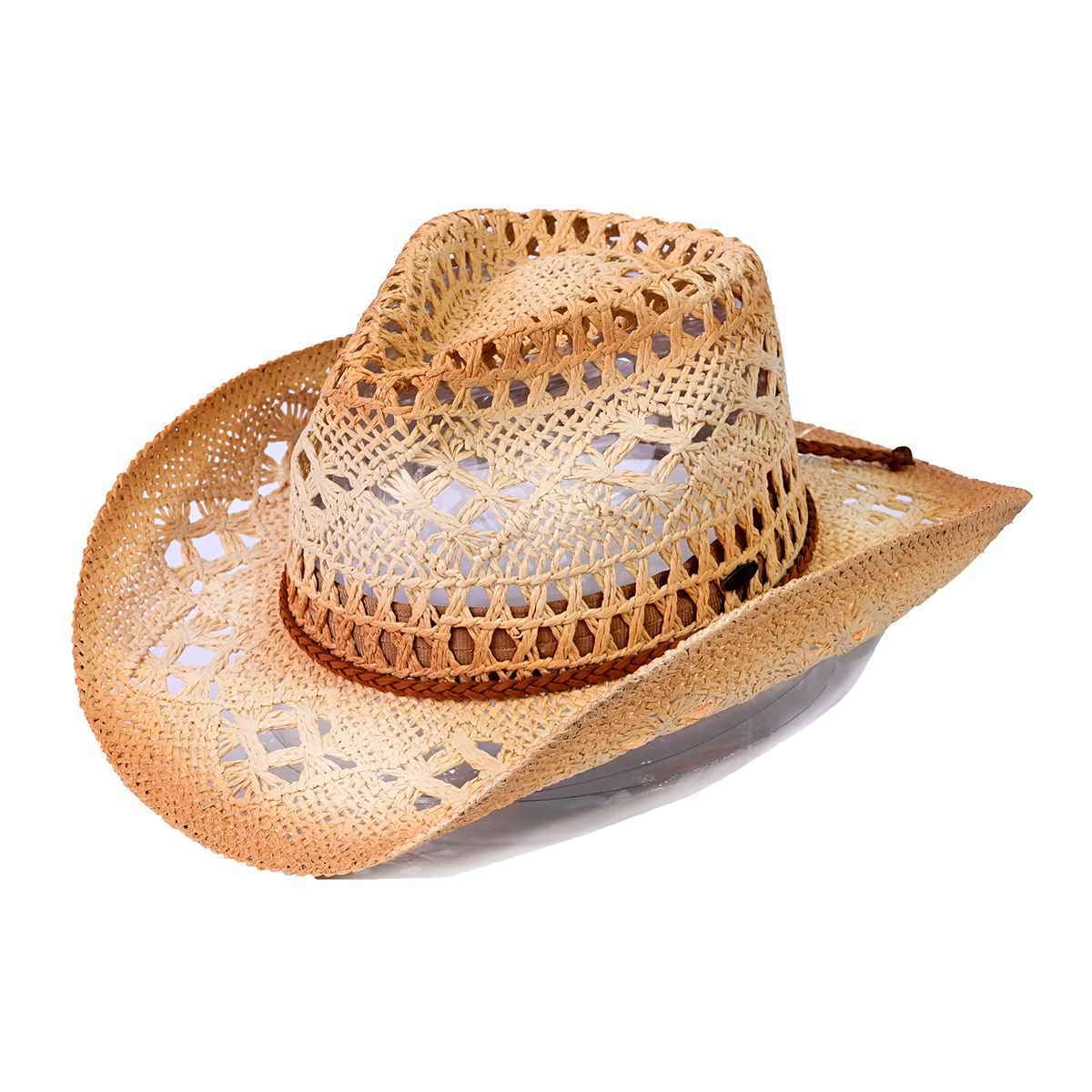1687 Ombre Open Weave Cowbay Hat With Braided Trim C.C Ombre Open Weave Cowbay Hat with Braided Trim, Natural  main image 2