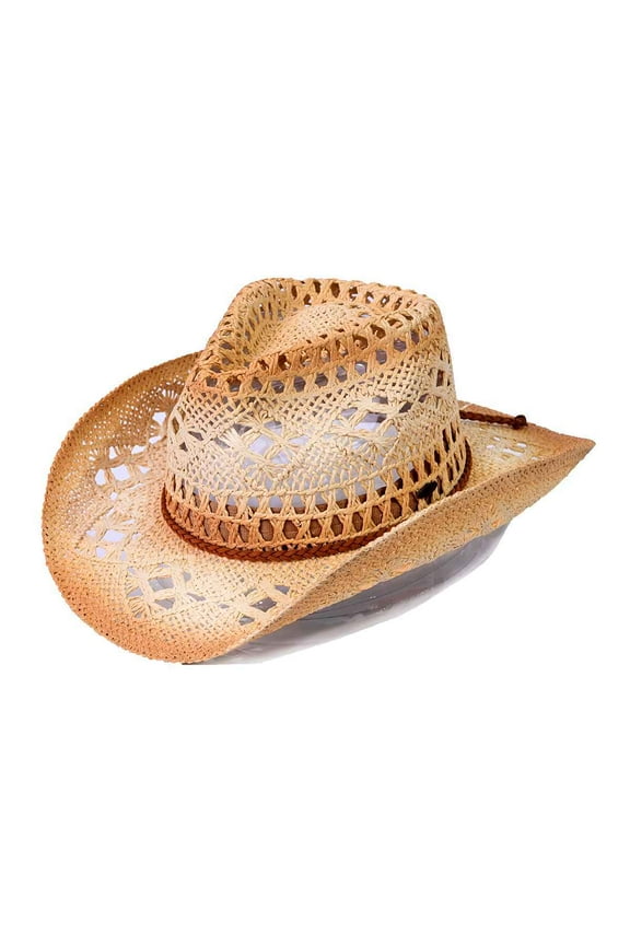 Ombre Open Weave Cowbay Hat with Braided Trim, Rust