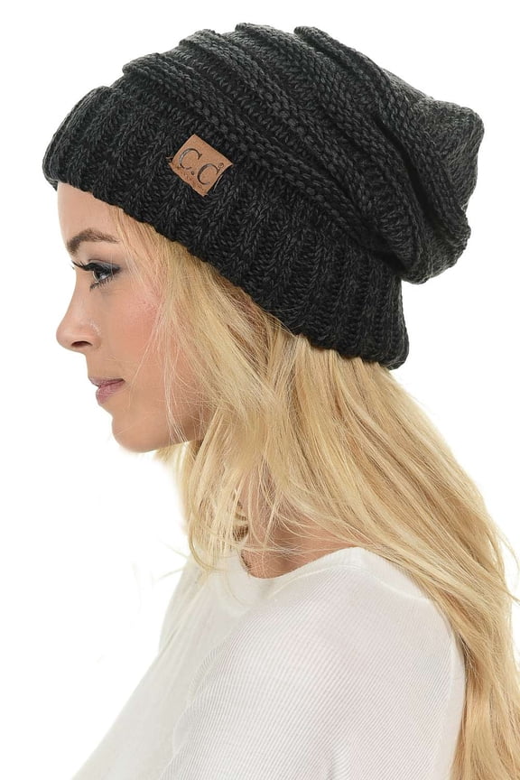 Oversized Baggy Slouch Thick Warm Cap Hat Skully Cable Knit Beanie, Black/Grey Mix