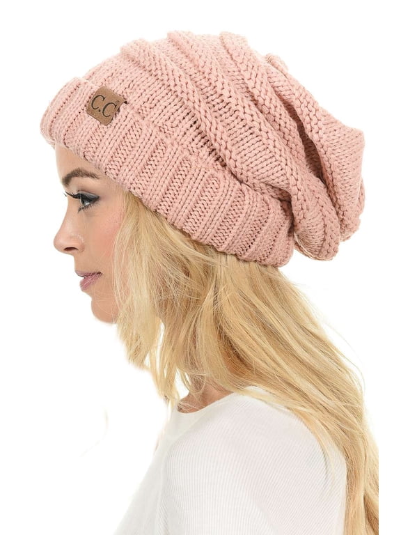 Oversized Baggy Slouch Thick Warm Cap Hat Skully Cable Knit Beanie, Indi Pink