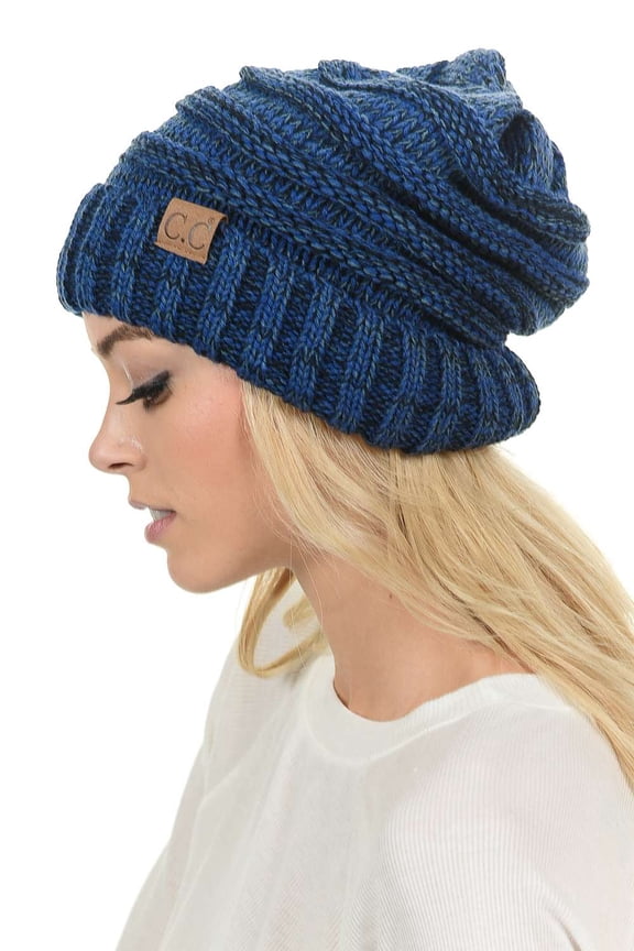 Oversized Baggy Slouch Thick Warm Cap Hat Skully Cable Knit Beanie, Navy Mix