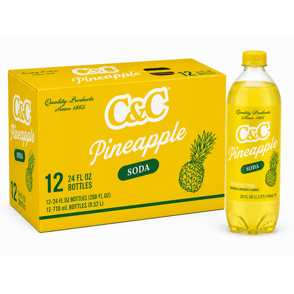 C&C Pineapple Soda, Naturally & Artificially Flavored Carbonated Soft Drink, Tropical Pineapple Flavor, 12 Pack, 24 fl oz Resealable Plastic Bottles