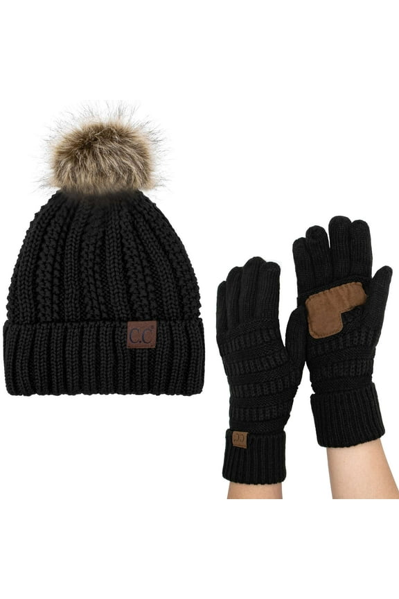 Women's Cable Knit Beanie and Glove Set, Black, 2 Pack