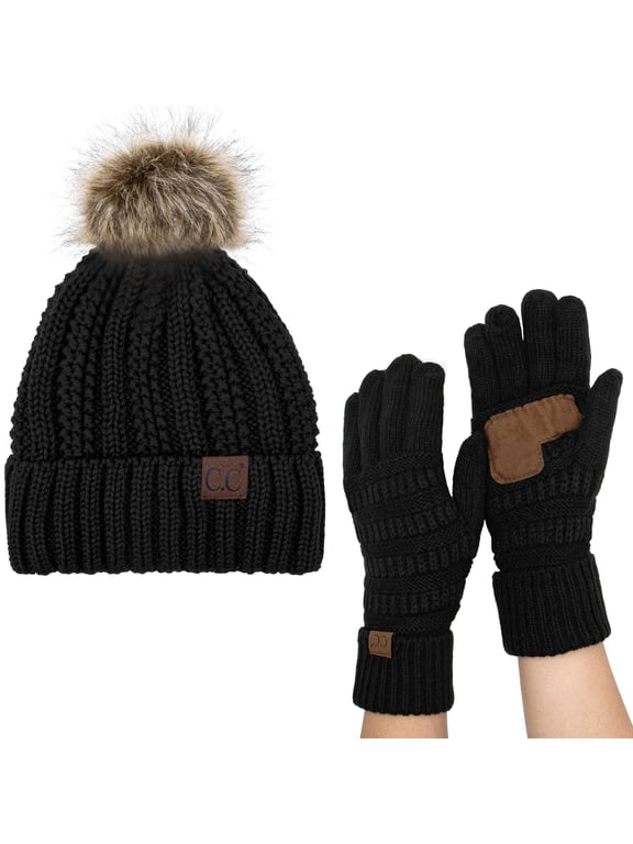 Women's Cable Knit Beanie and Glove Set, Black, 2 Pack