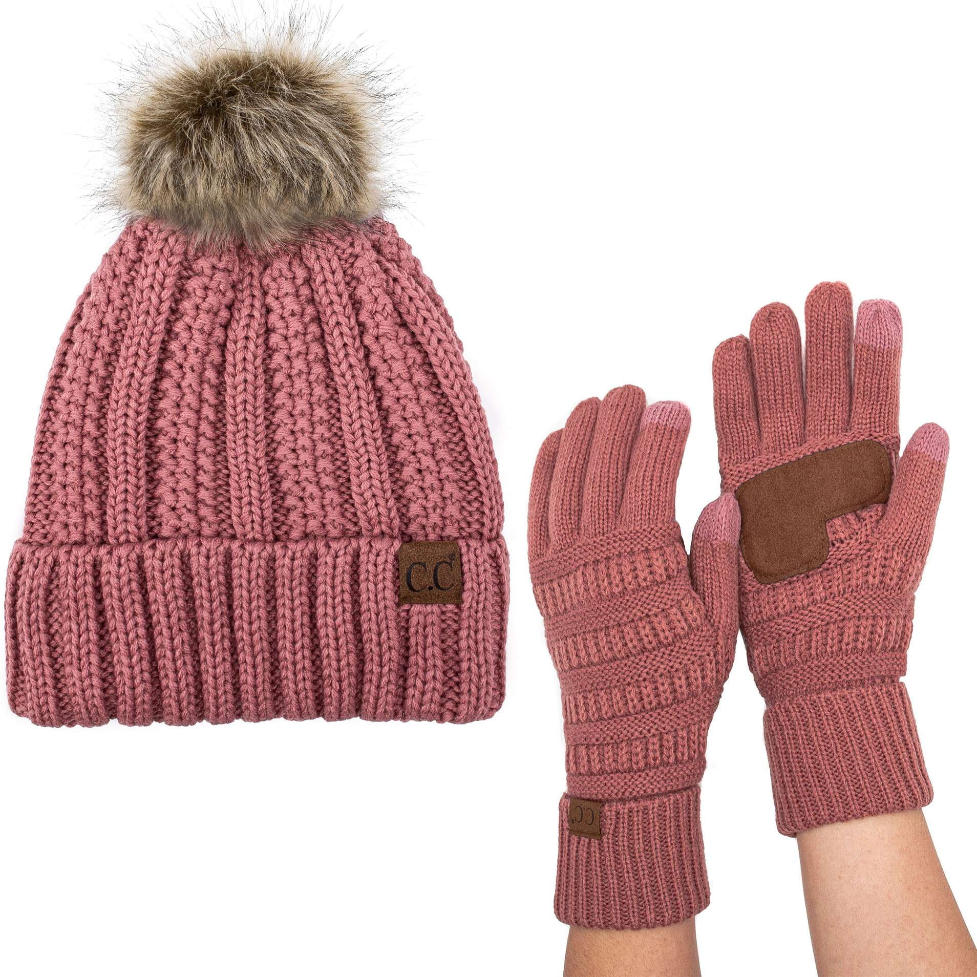 Ecco Cable Knit Pom Pom Beanie Trio - Red, Cream, Gray Show Off Cable Knit Pom Beanie – Storm Creek main image 3