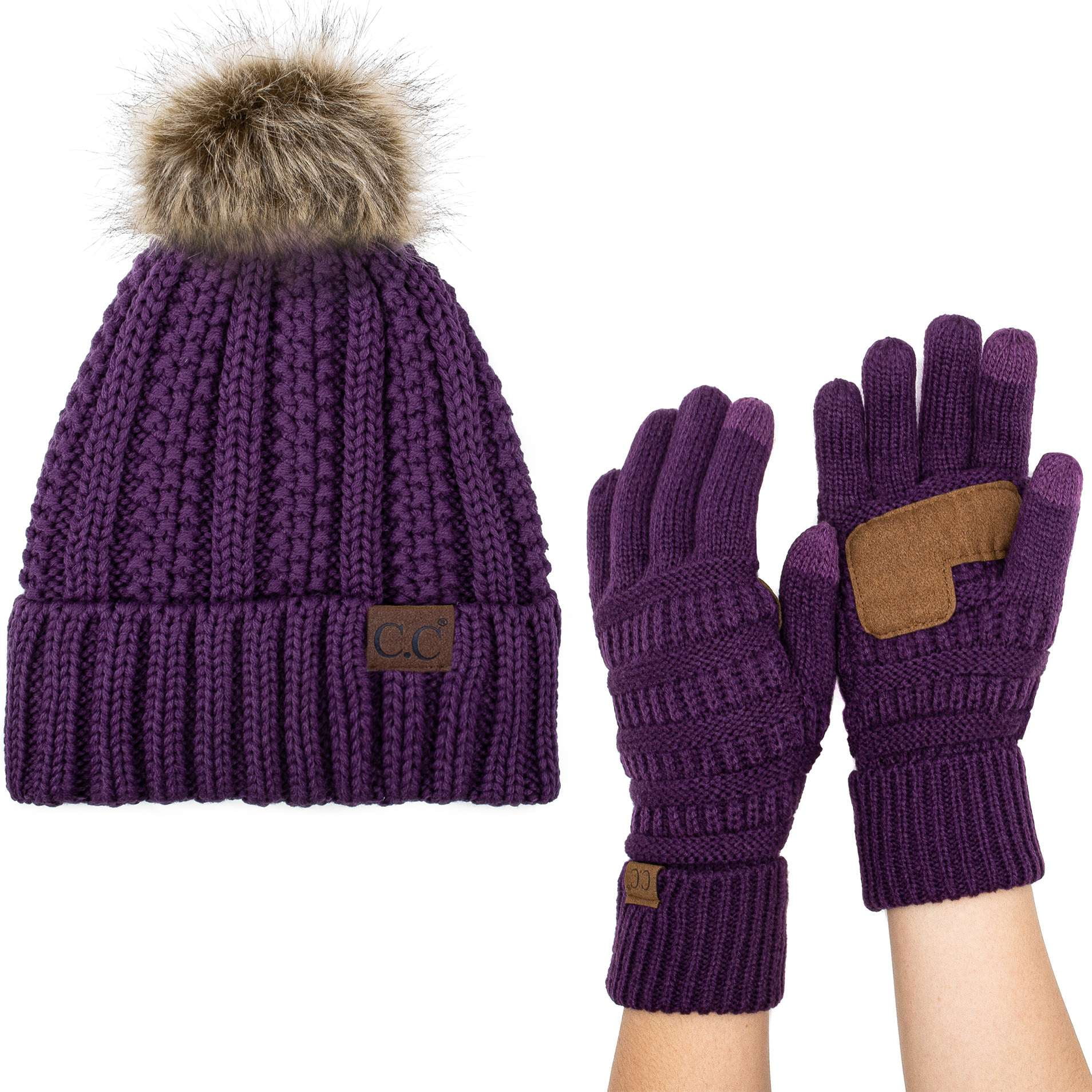 C.C Pom Cable Knit Beanie and Glove Set, Confetti Brown