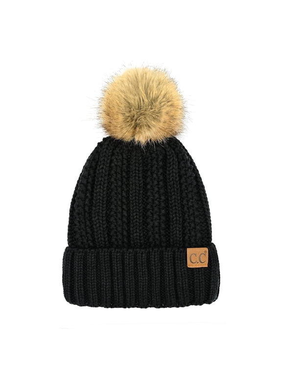 Pom Women’s Winter Hat Skull Cap Chunky Sherpa Fleece Beanie Knit Hat, Black