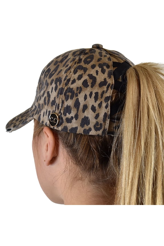 Ponycap Criss Cross Messy Bun Side Button For Mask Adjustable Baseball Cap, Baby Leopard
