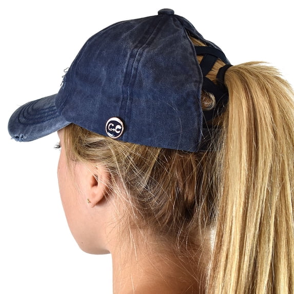 C.C Ponycap Criss Cross Messy Bun Side Button For Mask Adjustable Baseball Cap, Navy