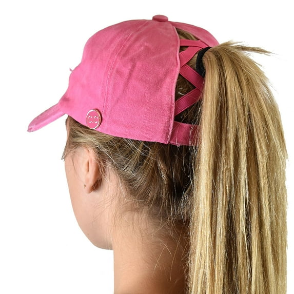 C.C Ponycap Criss Cross Messy Bun Side Button For Mask Adjustable Baseball Cap, Pink