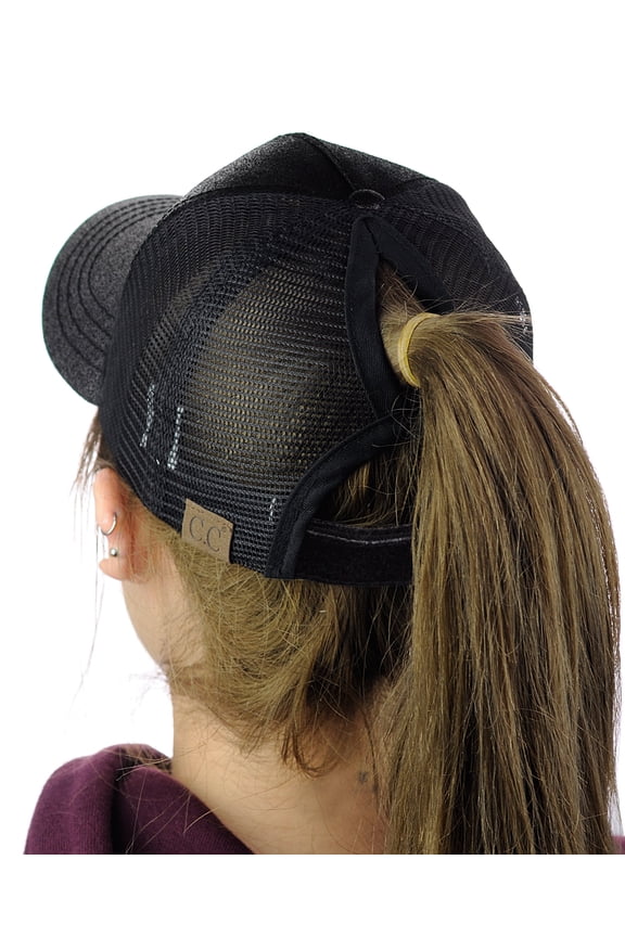 Ponycap Messy High Bun Ponytail Adjustable Glitter Mesh Trucker Baseball Cap, Black