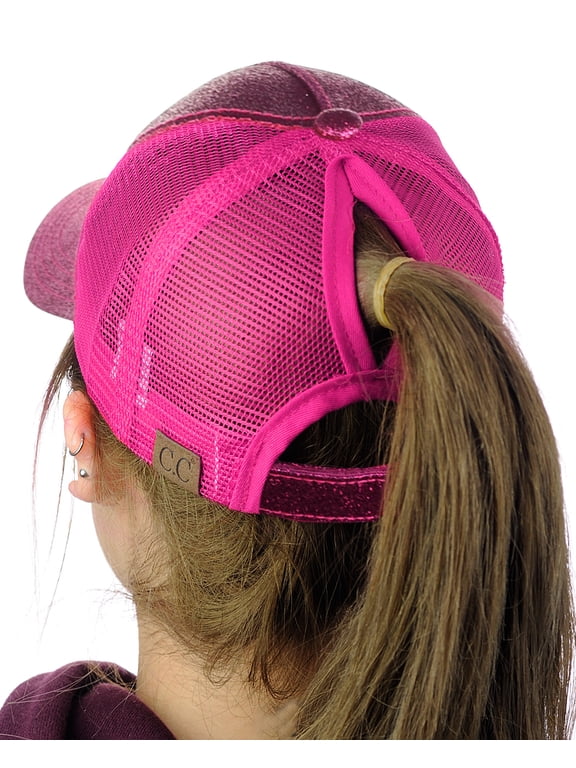 Ponycap Messy High Bun Ponytail Adjustable Glitter Mesh Trucker Baseball Cap, Hot Pink
