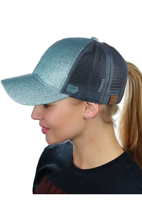 Ponycap Messy High Bun Ponytail Adjustable Glitter Mesh Trucker Baseball Cap, Mint