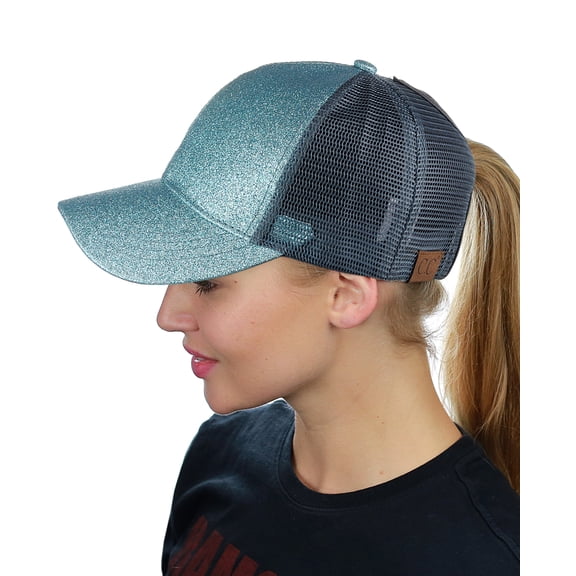 C.C Ponycap Messy High Bun Ponytail Adjustable Glitter Mesh Trucker Baseball Cap, Mint
