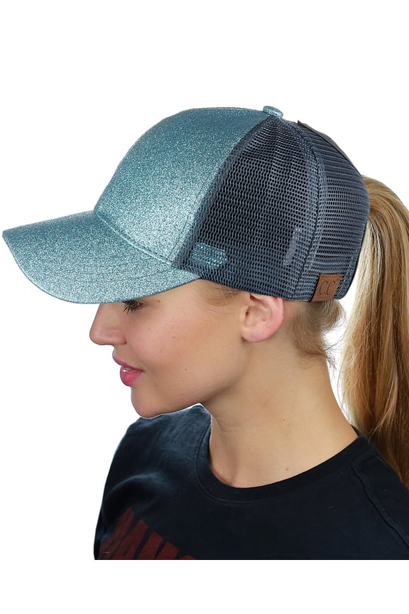 Ponycap Messy High Bun Ponytail Adjustable Glitter Mesh Trucker Baseball Cap, Mint