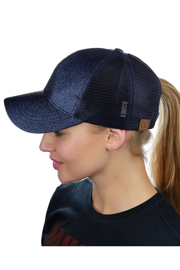 Ponycap Messy High Bun Ponytail Adjustable Glitter Mesh Trucker Baseball Cap, Navy
