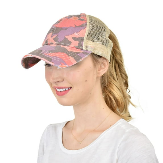 C.C Ponycap Messy High Bun Ponytail Adjustable Mesh Trucker Baseball Cap Hat, Camo Coral