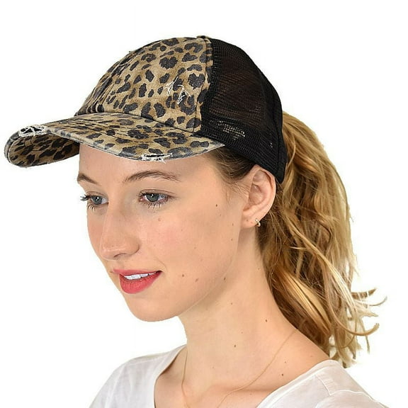 C.C Ponycap Messy High Bun Ponytail Adjustable Mesh Trucker Baseball Cap Hat, Criss Cross Mesh Baby Leopard