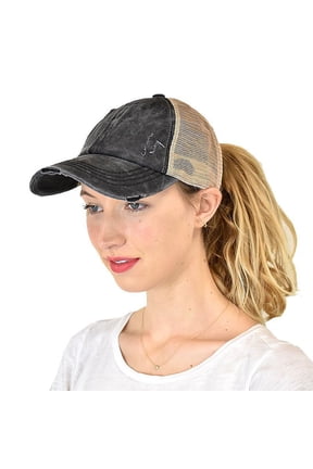 Ponycap Messy High Bun Ponytail Adjustable Mesh Trucker Baseball Cap Hat, Criss Cross Mesh Black/Beige