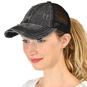 C.C Ponycap Messy High Bun Ponytail Adjustable Mesh Trucker Baseball Cap Hat, Criss Cross Mesh Black