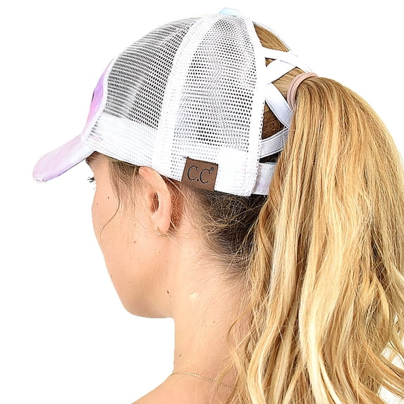C.C Ponycap Messy High Bun Ponytail Adjustable Mesh Trucker Baseball Cap Hat, Criss Cross Mesh Cotton Candy